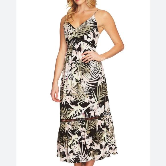 CeCe Womens Tropical Babydoll Boho Maxi Dress Size 6 Black Pink Empire Waist - Picture 1 of 15
